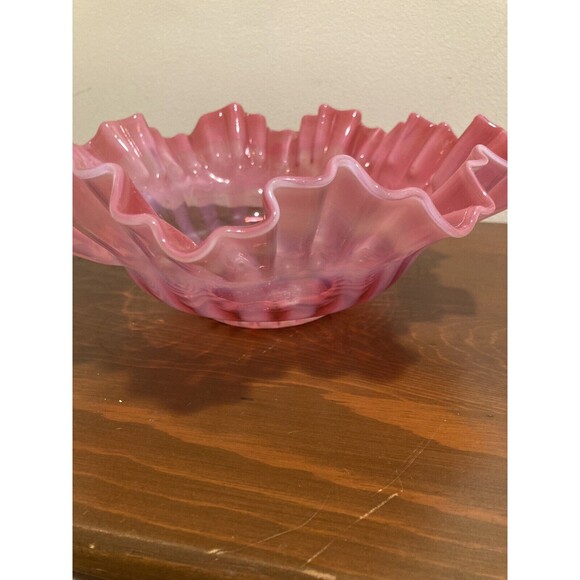 FENTON Cranberry Opalescent Striped Rose Overlay Ruffled Art Brides Bowl - Picture 7 of 16